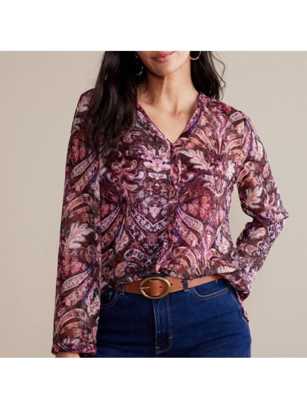 Soft Surroundings Womens Tasha Top Burgundy Beige Gold Patterned Blouse 2X NWT